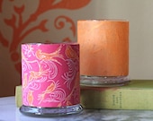 Candle holders- Large glass votive holders wrapped with pink and orange bird print, set of two in gift box