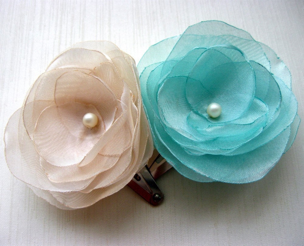 Ivory and Tiffany Blue Organza Flowers Hair Clip Set