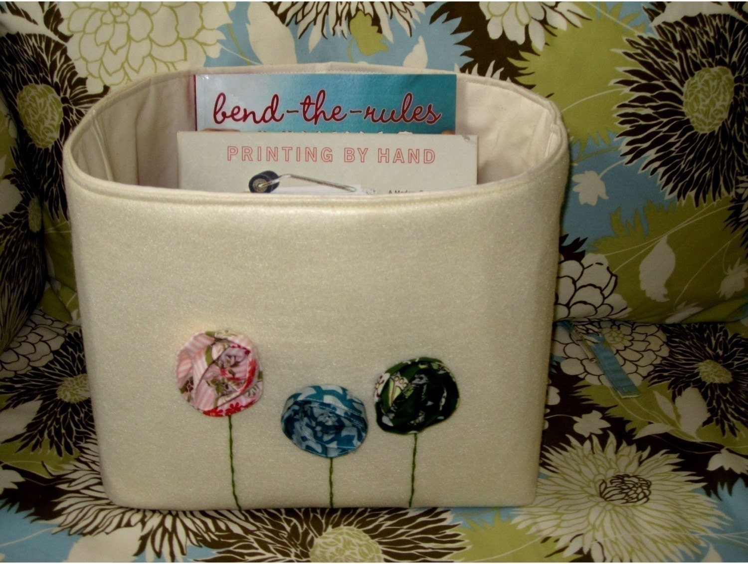 Bohemian Poppies Fabric Bin In Cream  Recycled Felt Fabric  With Flowers Grande