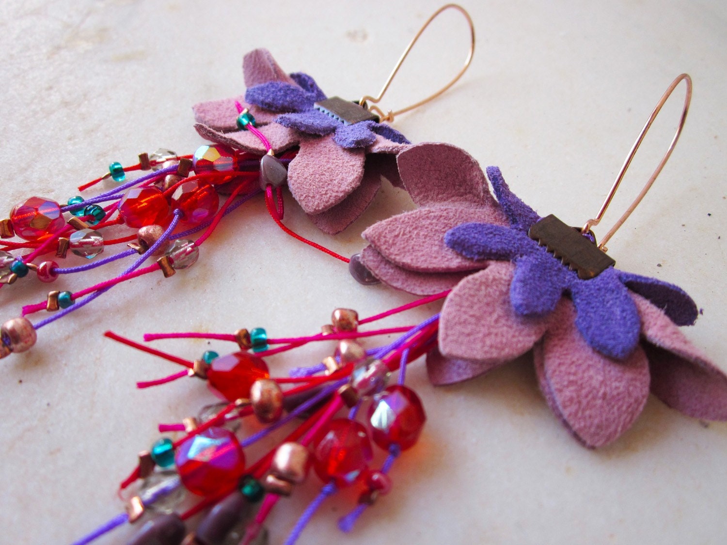Flower leather earrings with colorful threads, glass and czech crystal beads - 10% off with coupon code FEBPOA