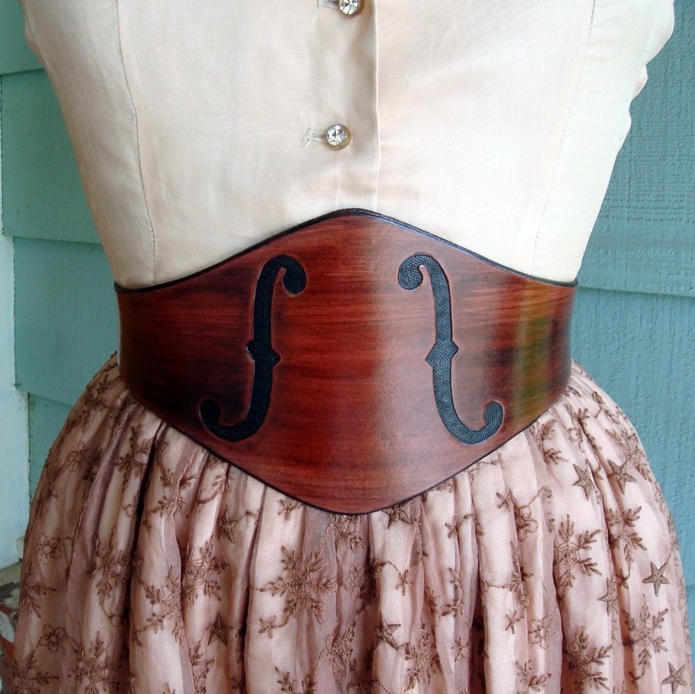 The MUSE.........Wide Mahogany Violin F-Holes Leather Waist Cinching Buckle Back Belt