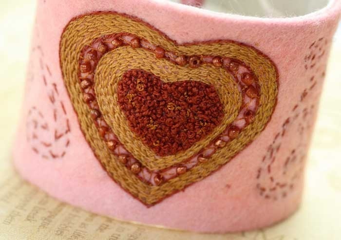 Hand Stitched Embroidery Embroidered Cuff Valentine Wrist Cuff Wool Felt Beaded