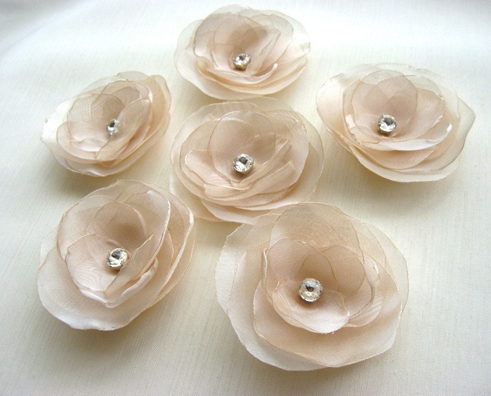 6 Ivory Rose Blossoms Flowers with crystal rhinestone