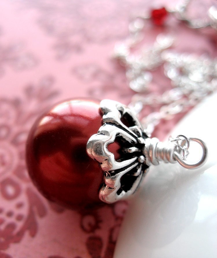 Red Glass Pearl Necklace with Sterling Silver Chain