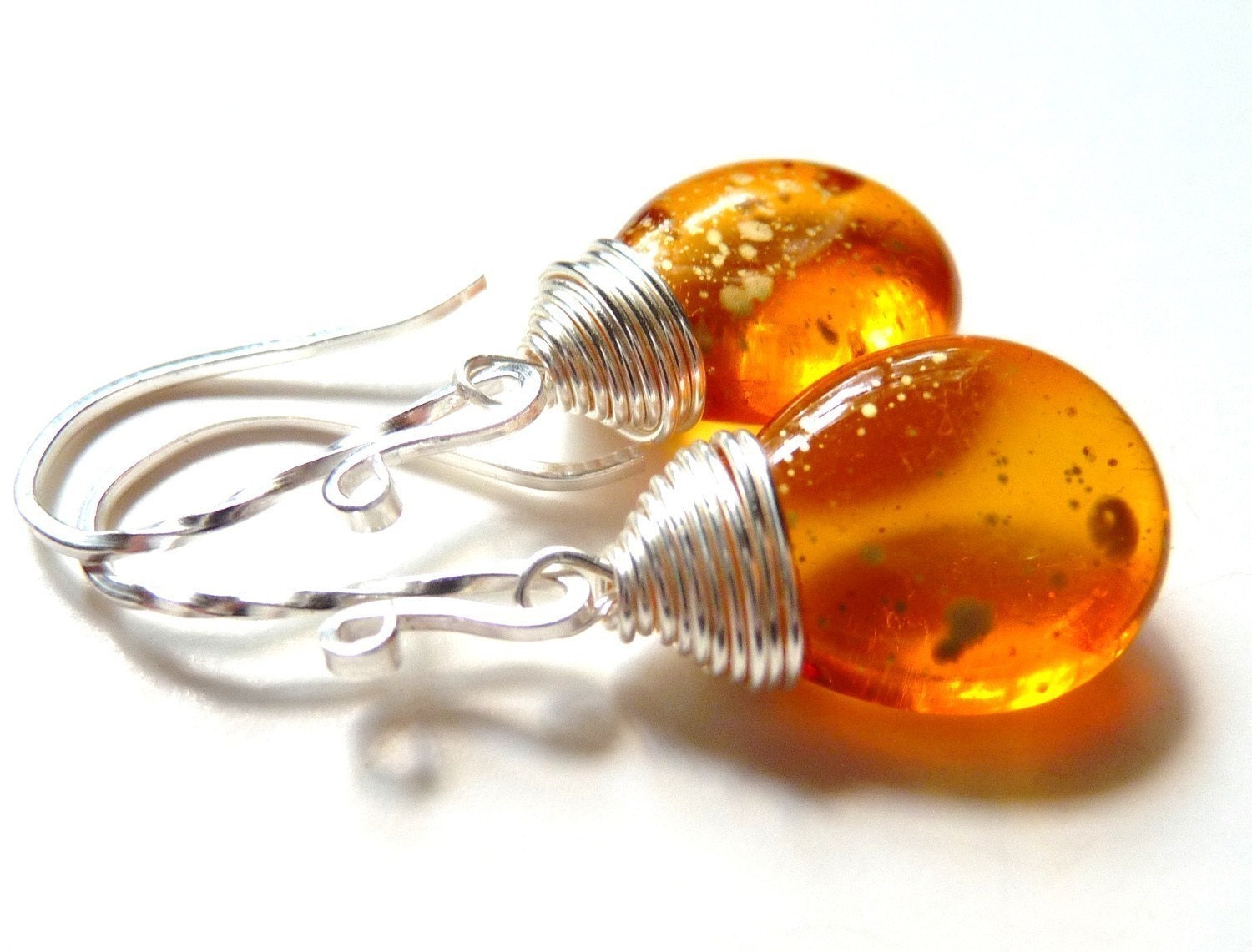 Handmade Earrings - Golden Speckled Honey Amber Czech Glass Teardrop Sterling Silver Dangles