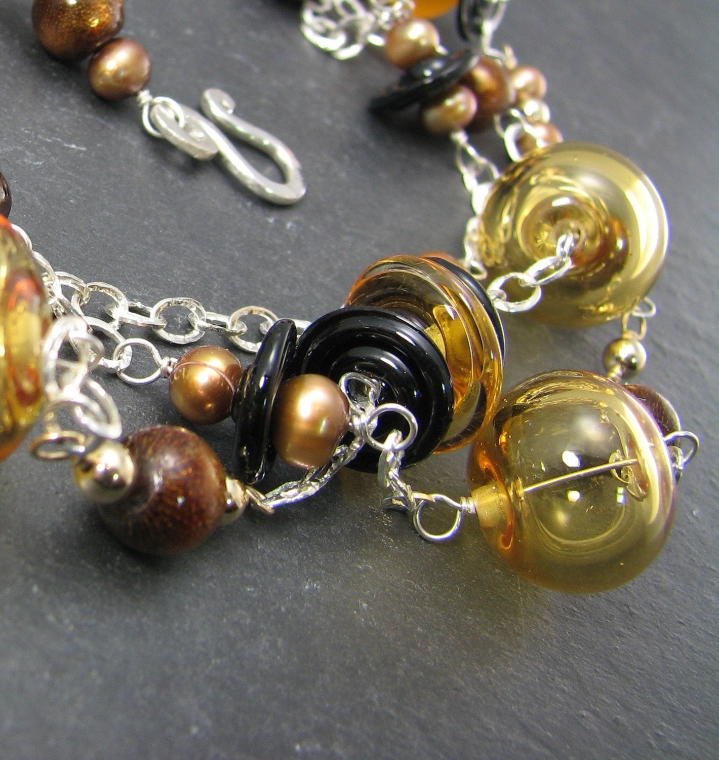 Gold artisan lampwork, triple strand, pearls and coral necklace