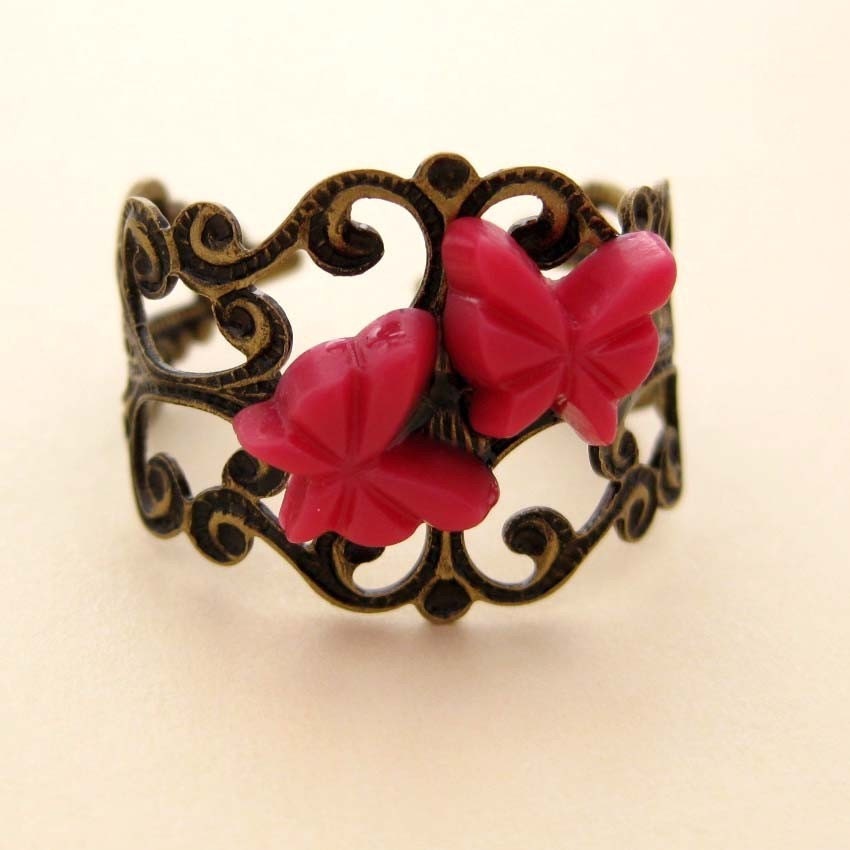 Burlesque Butterfly Antique brass filigree ring with red butterflies