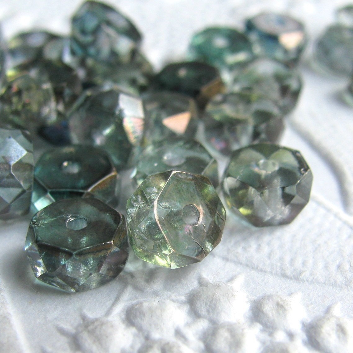 Sea glass green Picasso disc rondelle Czech glass faceted 3mm x 6mm (25 beads)