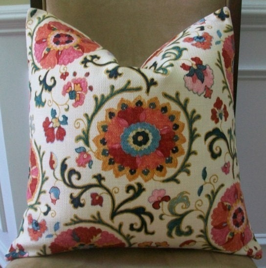 NEW DECORATIVE DESIGNER PILLOW COVER - 20x20 - SUZANI PINWHEEL PRINT ON A CREME BACKGROUND, FEATURED ON ETSY FRONT PAGE