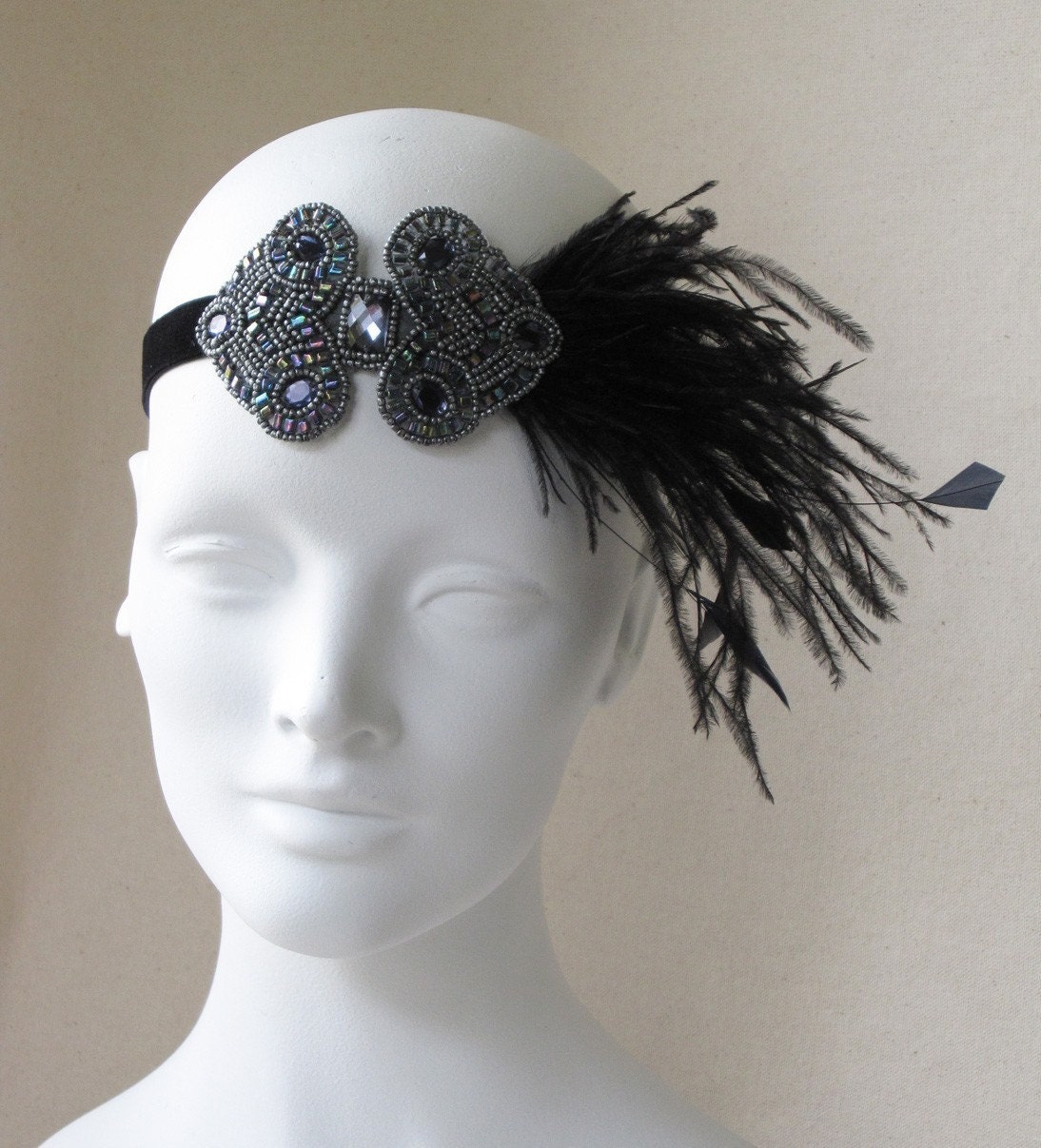 Gunmetal And Black Deco Applique And Feather Headband