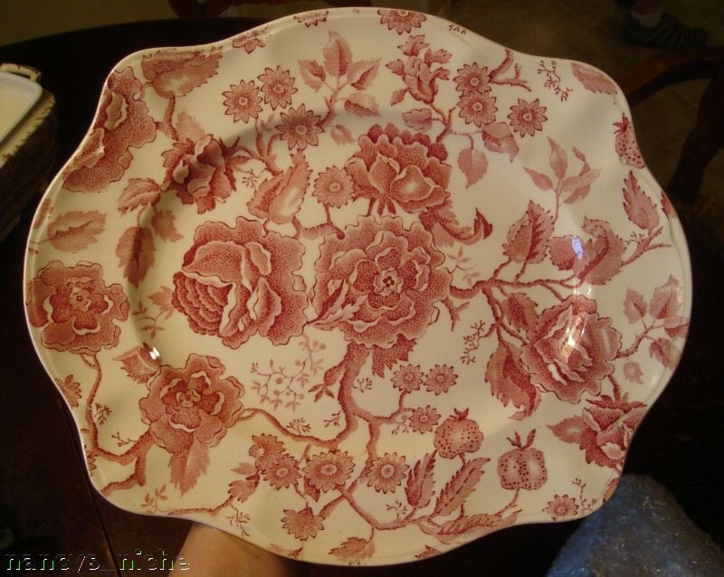 Vintage Red Toile Transferware Platter Cabbage Roses