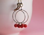 Earrings, Red Coral Cranberry Dangle, Delicate Beads, Antique Gold Circle Hoop