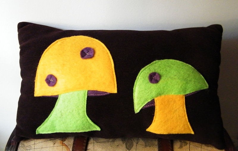 Mushroom Eco Felt Applique Pillow - Yellow and Green - Ready to Ship