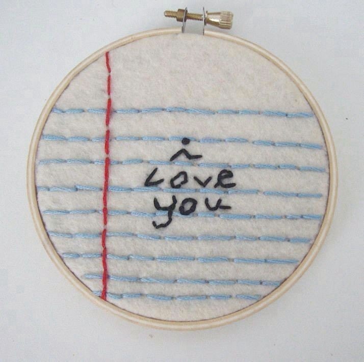 i love you note hand  embroidered hoop art wall hanging