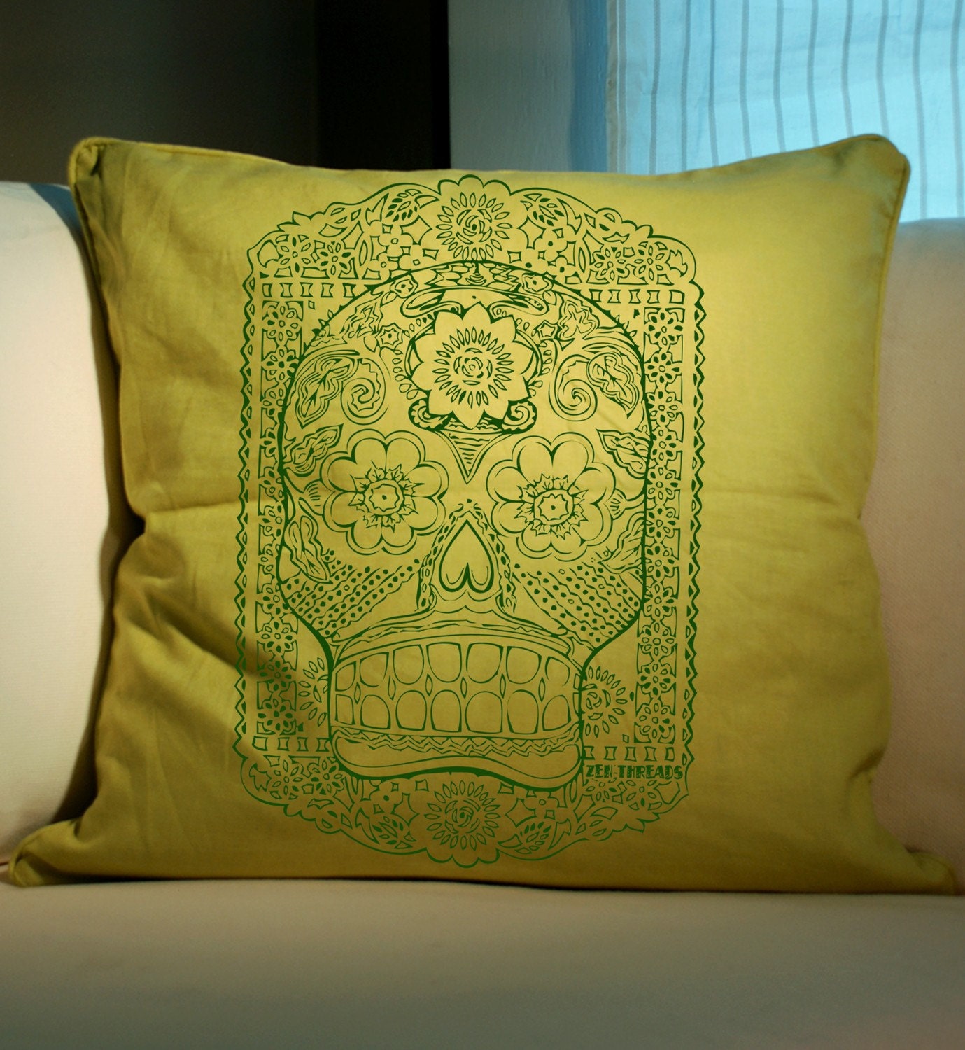 SUGAR SKULL Light Green and green Decorative Eco Throw Pillow 20x20 (Renewable Linen/Cotton)