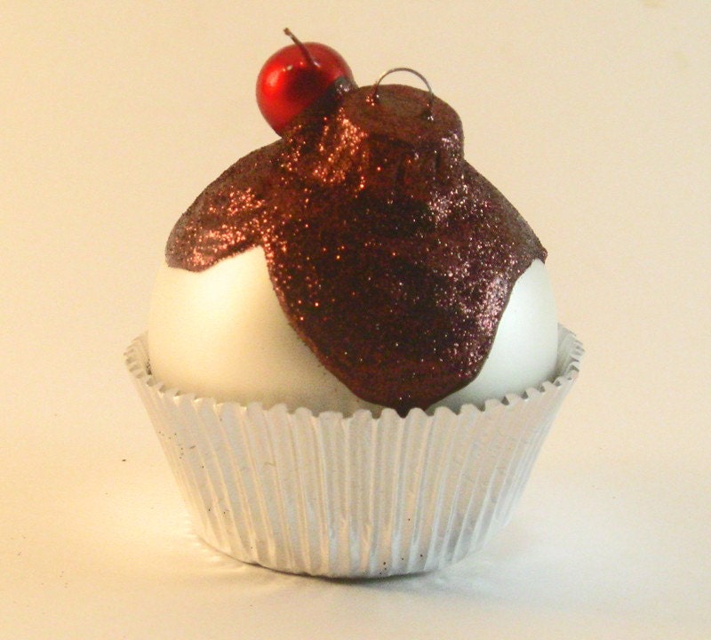 Large White Glass Cupcake Ornament with Glittered Chocolate Frosting and a Cherry on top