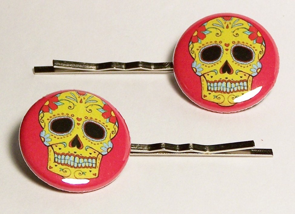 Bright Yellow & Pink Sugar Skull 2-Piece Bobby Pin Hair Accessory Set