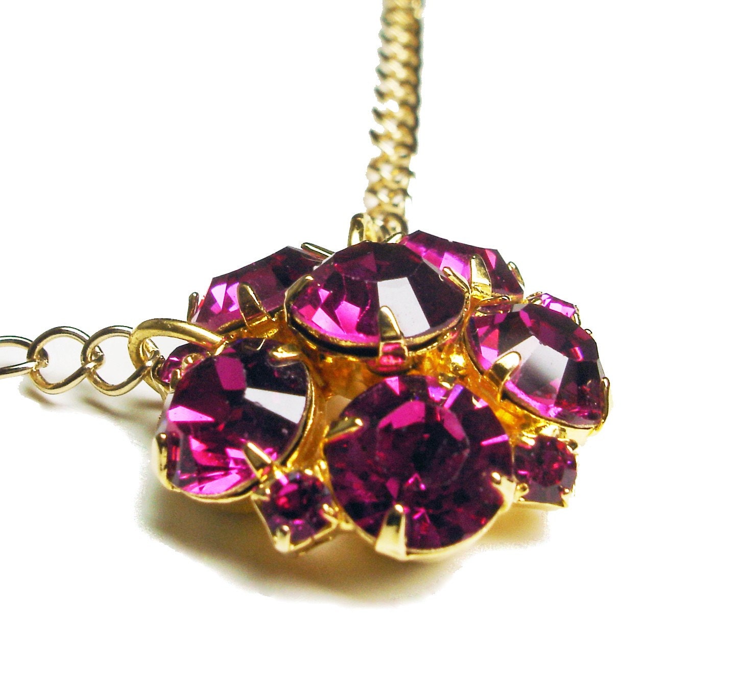 HOLIDAY SUPER SALE Rhinestone Hot Pink Raspberry Purple Gold Necklace