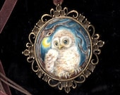 BABY OWL..original painting necklace.... Handpainted Vintage Style Frame ......