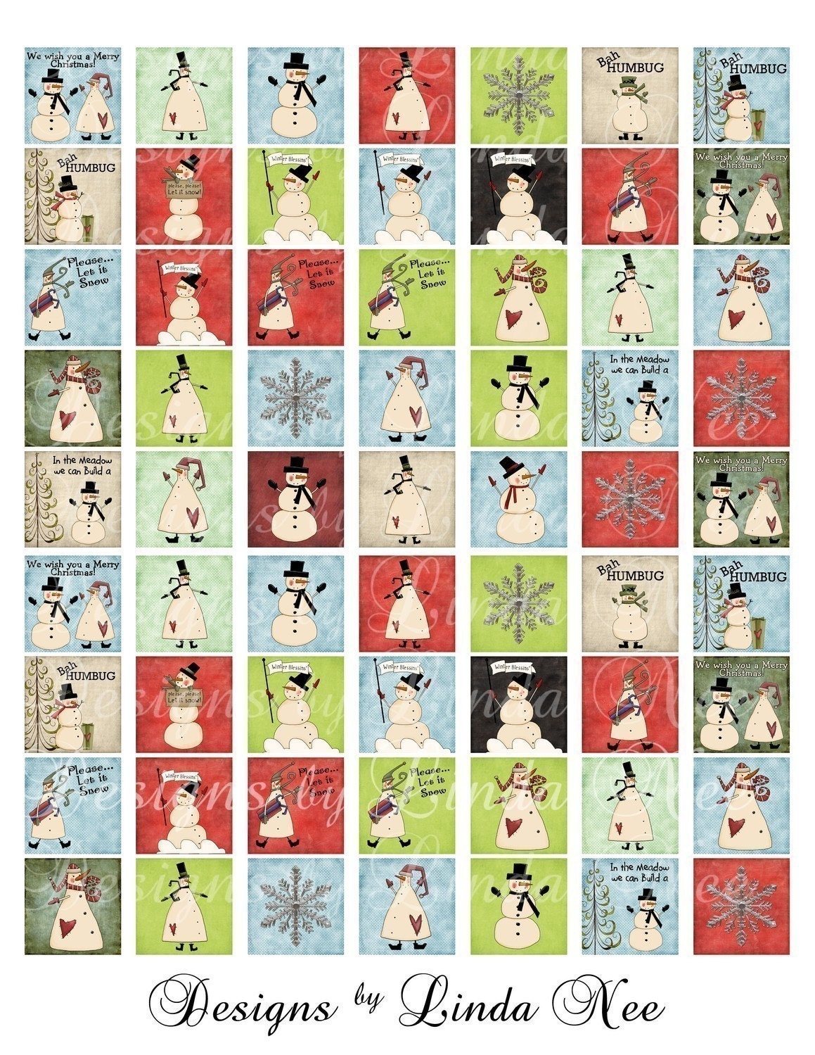 Trendy SNOWMAN 1 x 1 Inch Images Digital Collage Sheet Buy 2 Get 1 FREE SALE -glass wood tiles by Designs by Linda Nee designsbylindanee bird snow winter tree christmas family scrapbooking printable gift tag ephemera embellishment
