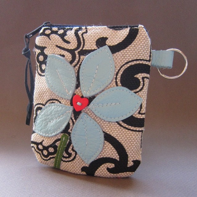 Recycled Leather Floral Key Chain Pouch in Black Cream Red and Blue from Studio Waterstone