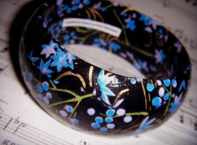 Black and Indigo Floral Hand-Decoupaged Handmade Wood Bangle Bracelet