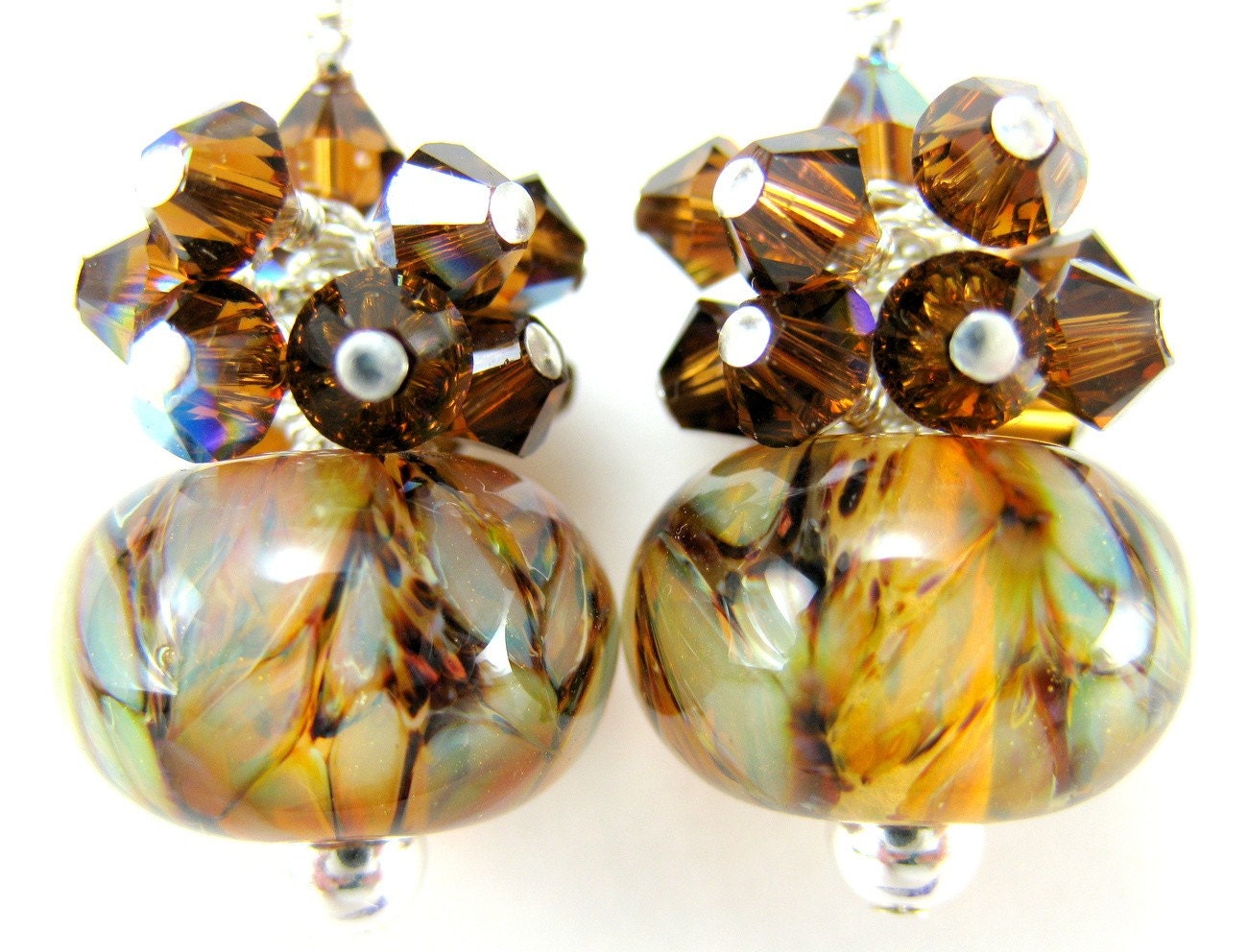 Earrings Gold Brown Opaline Boro Lampwork Crystal Cluster Sterling Silver - Brown Sugar
