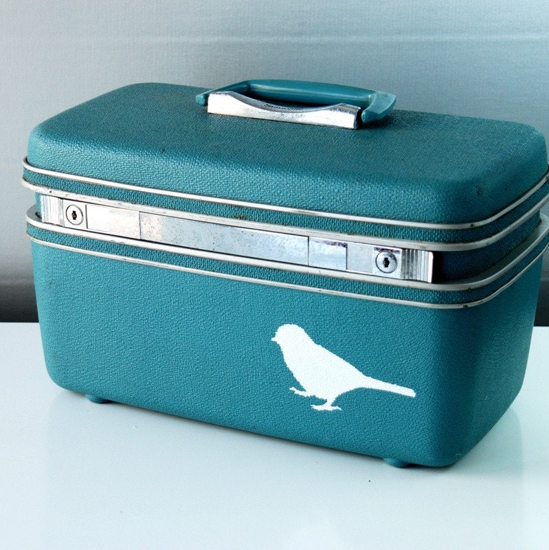 Vintage Upcycled Aqua Blue TRAIN CASE - hand painted - Carry on - Weekend bag - Makeup Case - Organizer - Luggage