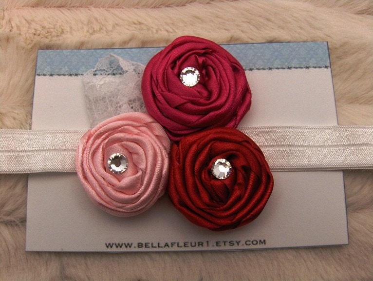 Sweet Valentine Satin Rosette Flowers with Swarovski Centers and Lace Accent on White Stretch Elastic Headband