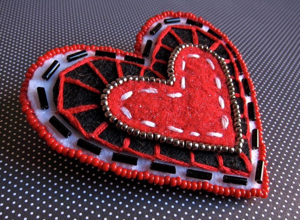 Red, Black and White Embroidered Felt Heart Pin Brooch