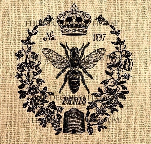 Vintage Queen Bee Digital.  Printable DOWNLOAD. for Iron On 
Transfer, for Burlap to Cotton. for  Pillows, Totes, Bags, T-Shirts, Tea
 Towels, Napkins. Art Prints and More. by The Decorated House