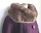 Vintage Plum Wool Long Length Coat with Fur Collar and Jacki O Style Cropped Sleeves