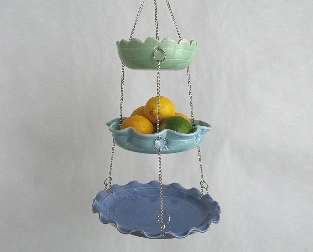 Set of 3 hanging bowls... in blue greens with unmatchy edges... MADE TO ORDER.