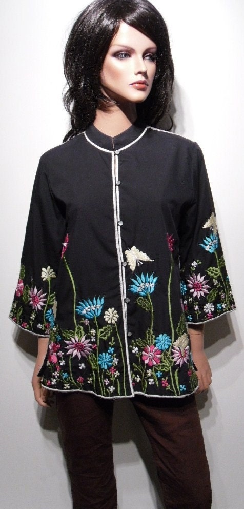 Vintage 1970s Asian Inspired Black Blouse with Butterflies and Flowers Medium