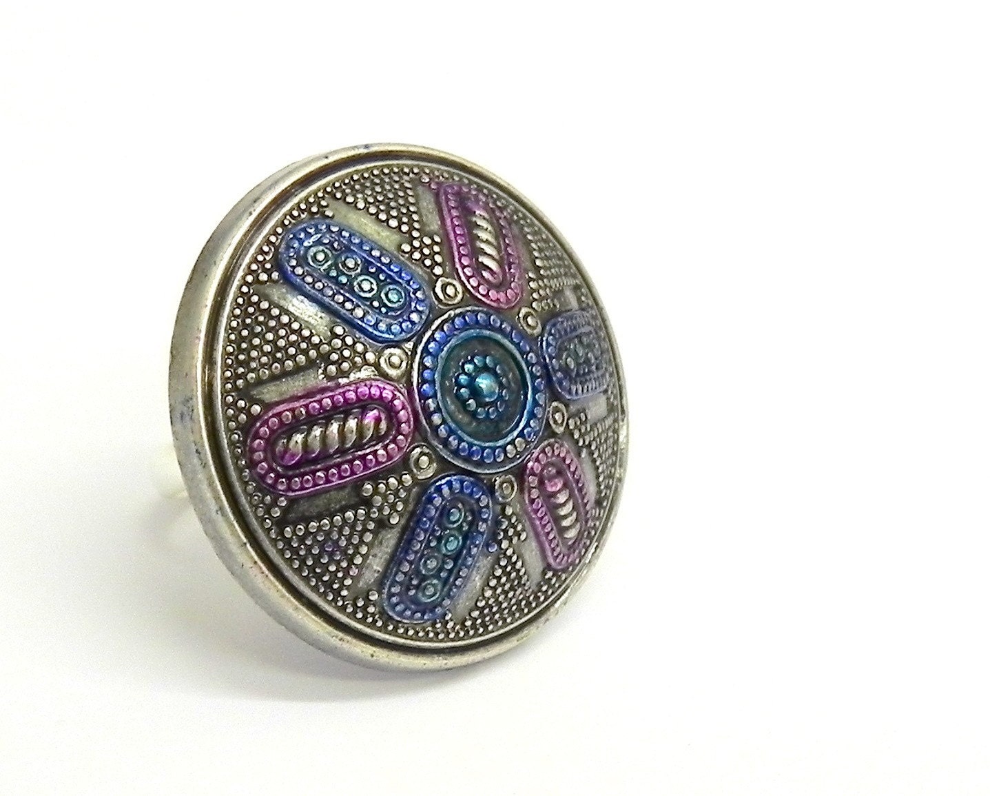 Vintage Metallic Silver, Blue and  Purple  Ring - Adjustable band