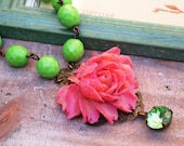 Vintage Pink Rose And Green Beads Chain