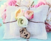 Vintage Antique Style Pink Cream Ivory Ranunculus Rustic Spring Summer Woodland Wedding Shabby Chic Burlap Ring Bearer Pillow With Personalized Engraved Monogrammed Wood Heart Charm