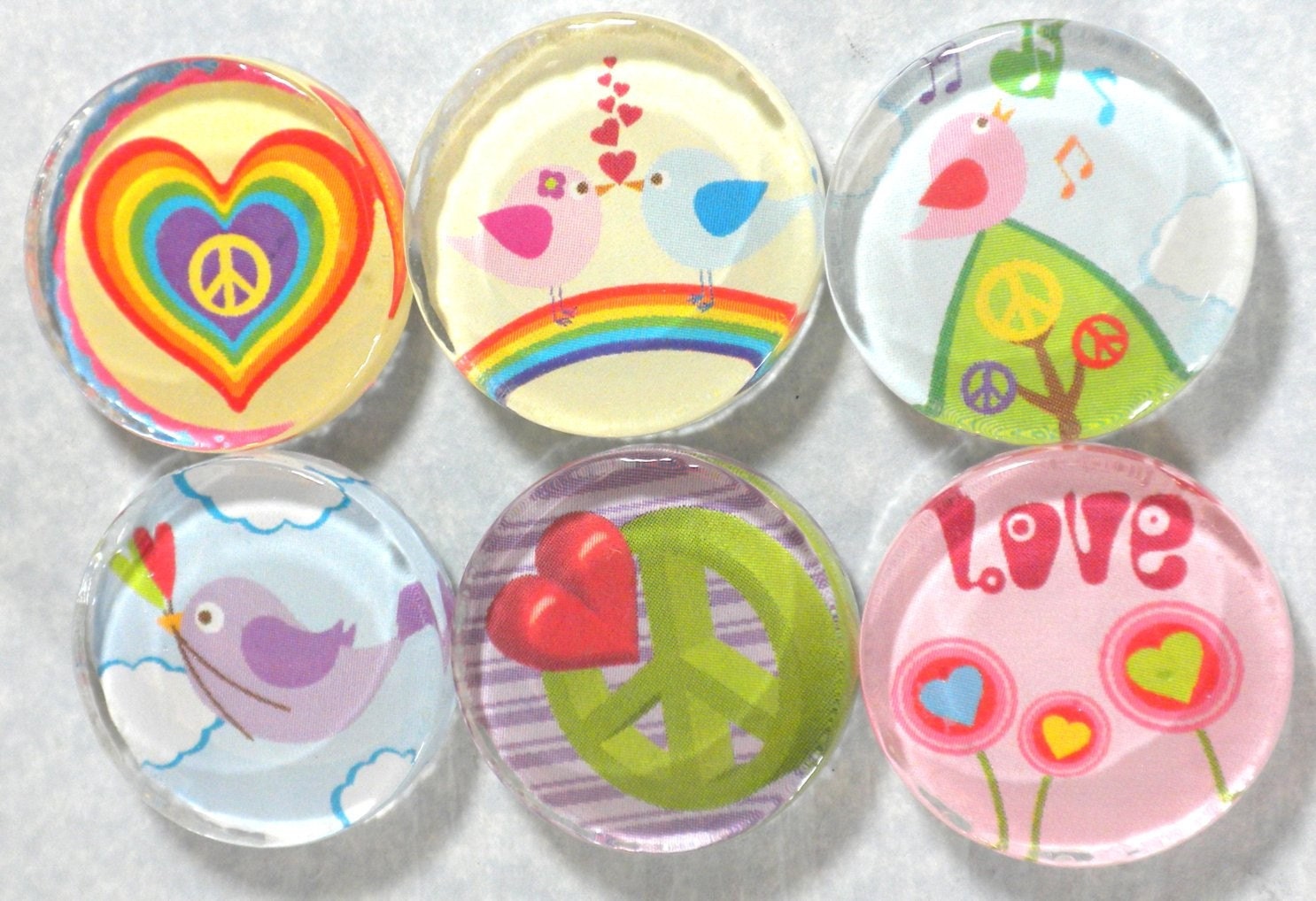 Peace Love and Birds Handmade Glass Magnets - Set of 6 in Metal Gift Tin