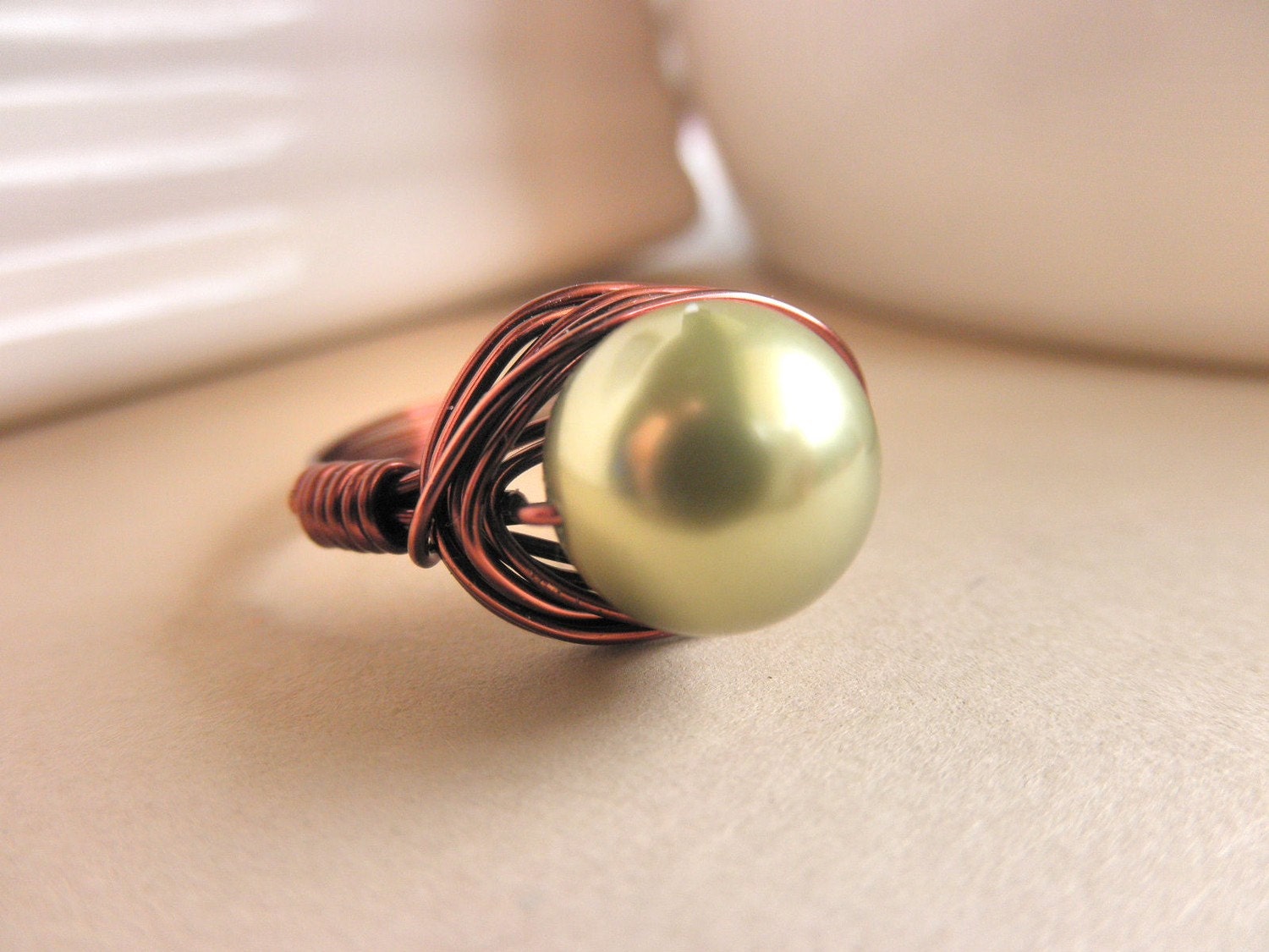 Handmade Ring - Size 10 - Swarovski Pearl - Bronze, Light brown, Copper, Brown, Green, Olive, Forest, Medium, Simple, Pearl, Classic, Pretty