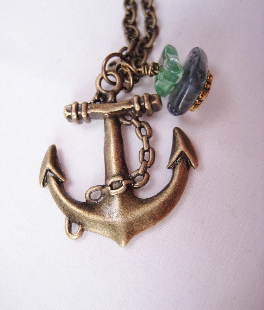 Anchor Necklace, Long Antiqued Brass Chain