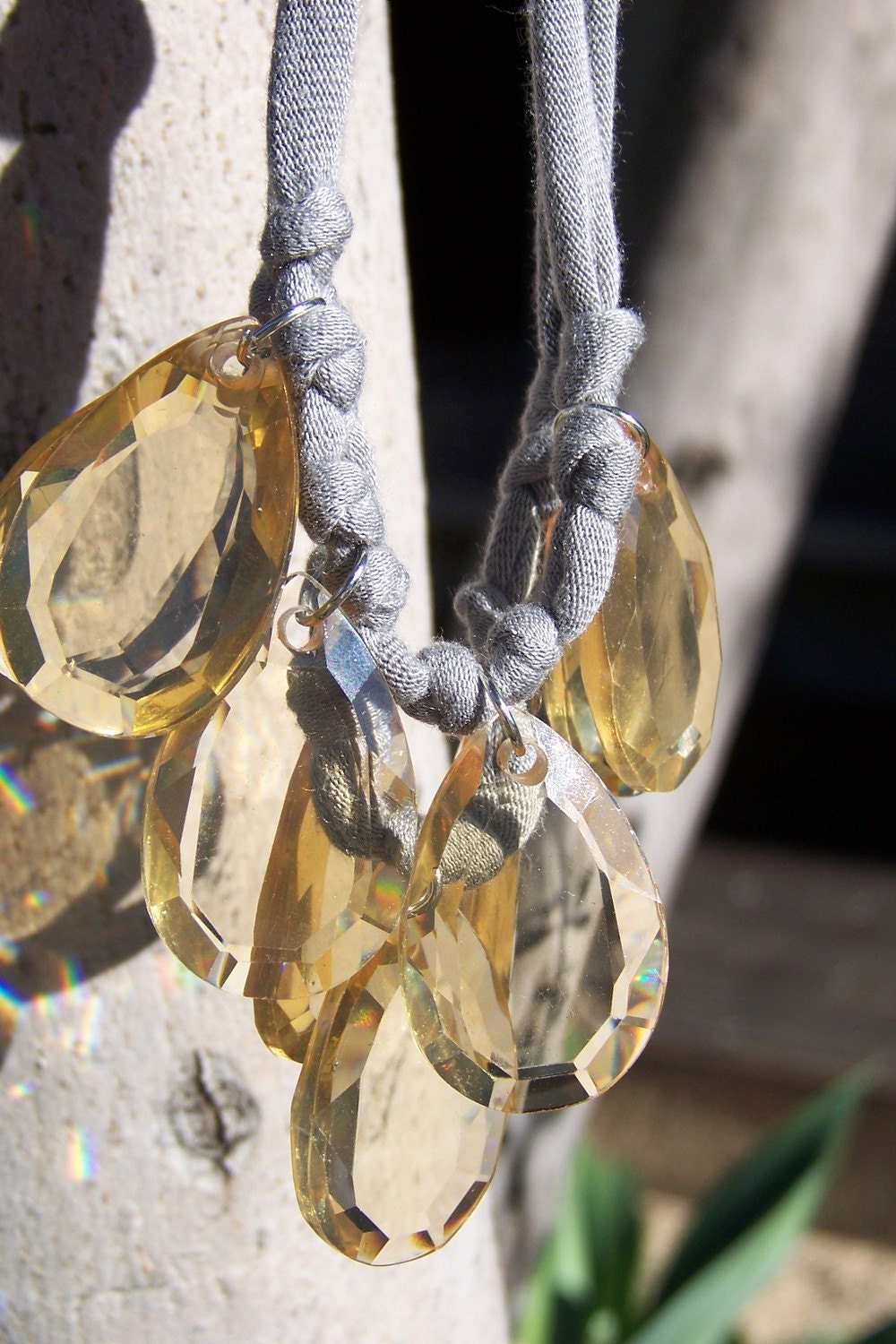 citrine/amber and grey jersey knit necklace