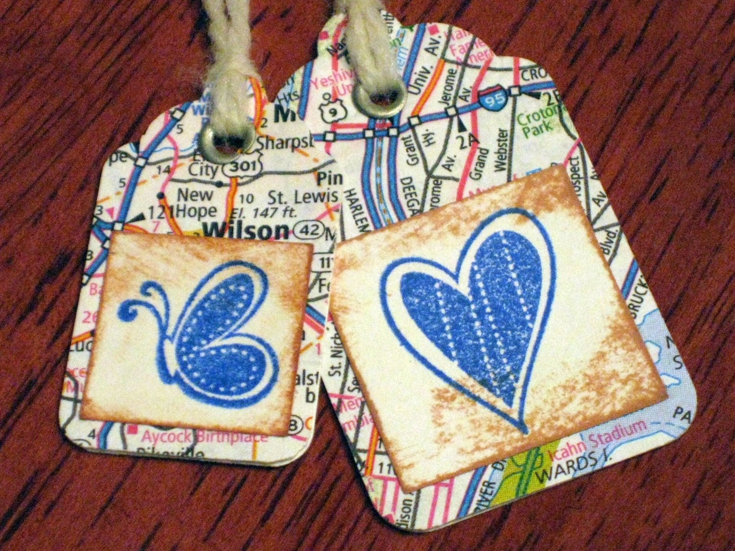Set of 8 Upcycled Map Heart and Butterfly Tags Stamped and Layered