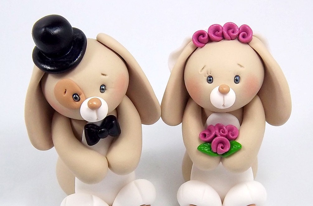 Bunnies Couple Polymer Clay Figurines - Personalized Wedding Cake Topper