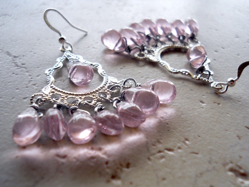 Victorian Chandelier Earrings Pink and Silver