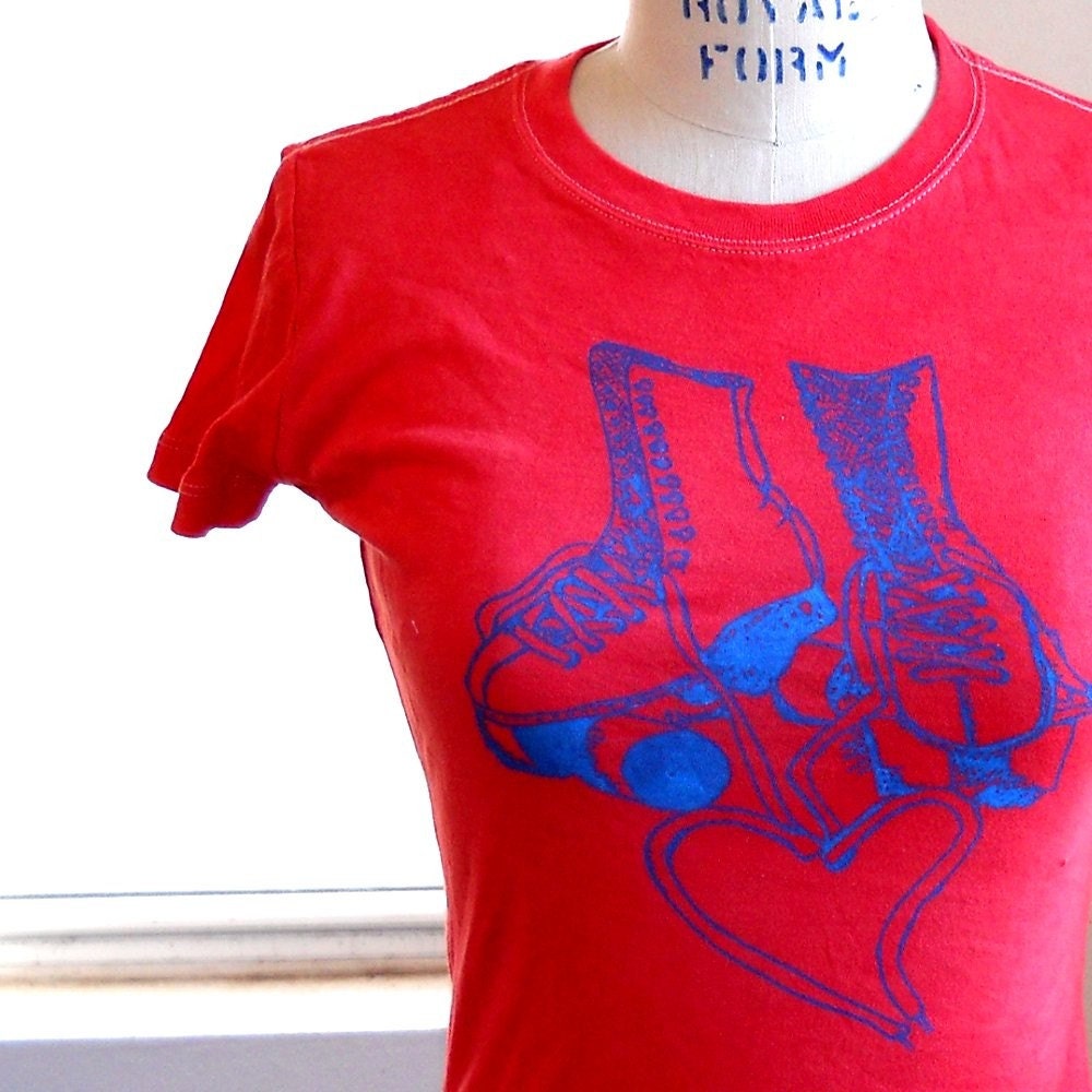 Skate Love  ladies roller skate tee shirt with shoestring heart in poppy red or custom colors