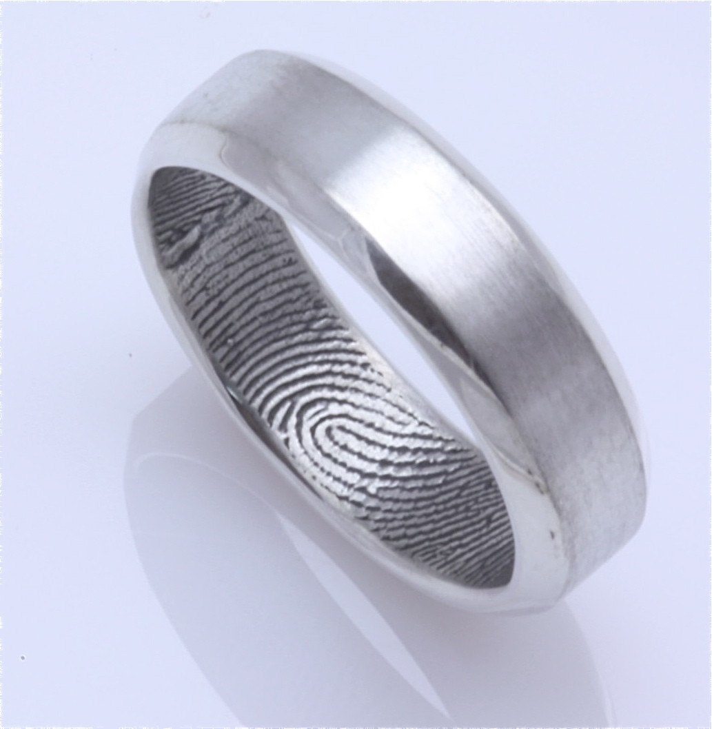 Bevelled edge custom fingerprint wedding band in sterling silver
