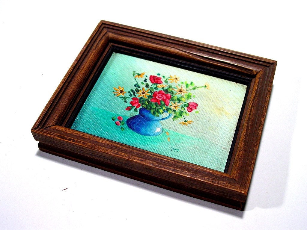 1970s
 Original  Art Painting of Red Roses  Framed Miniature