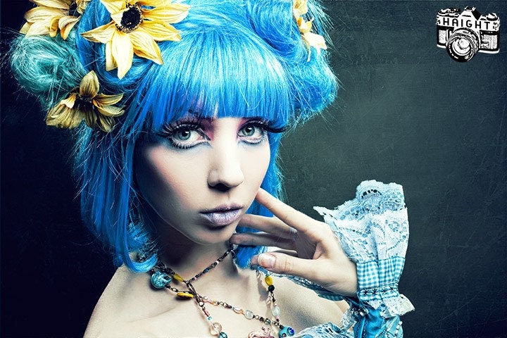 Blue Hawaiian Dreams Big Gothic Wig, boudoir fancy up do with flowers,  by Hair Nurse Lana.