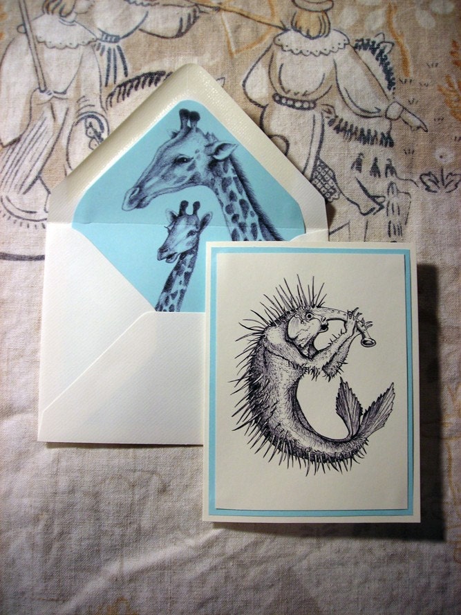 Set of 4 notecards monster demon ink illustration in blue