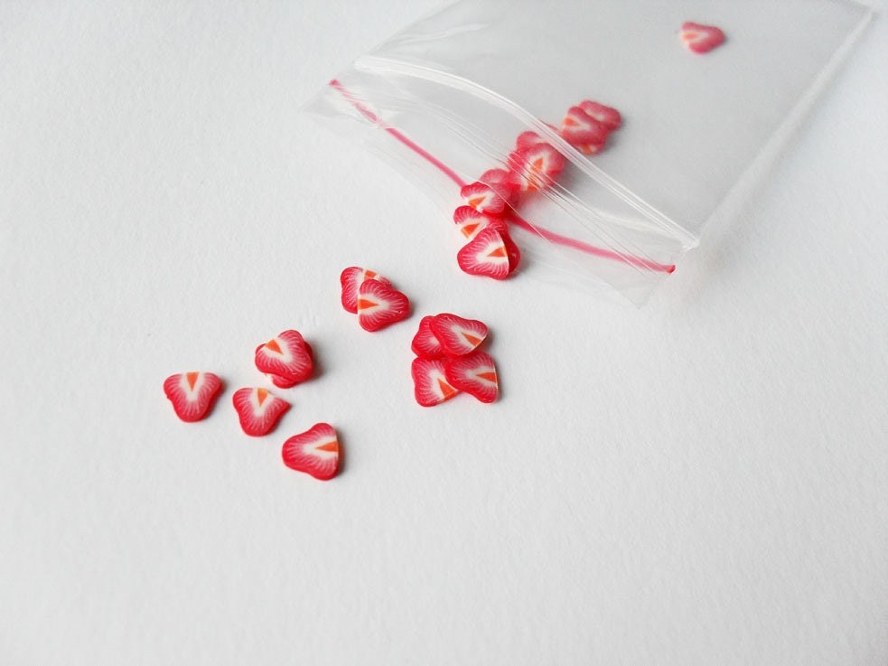 Strawberry Polymer Clay Fruit slices - 65 pcs
